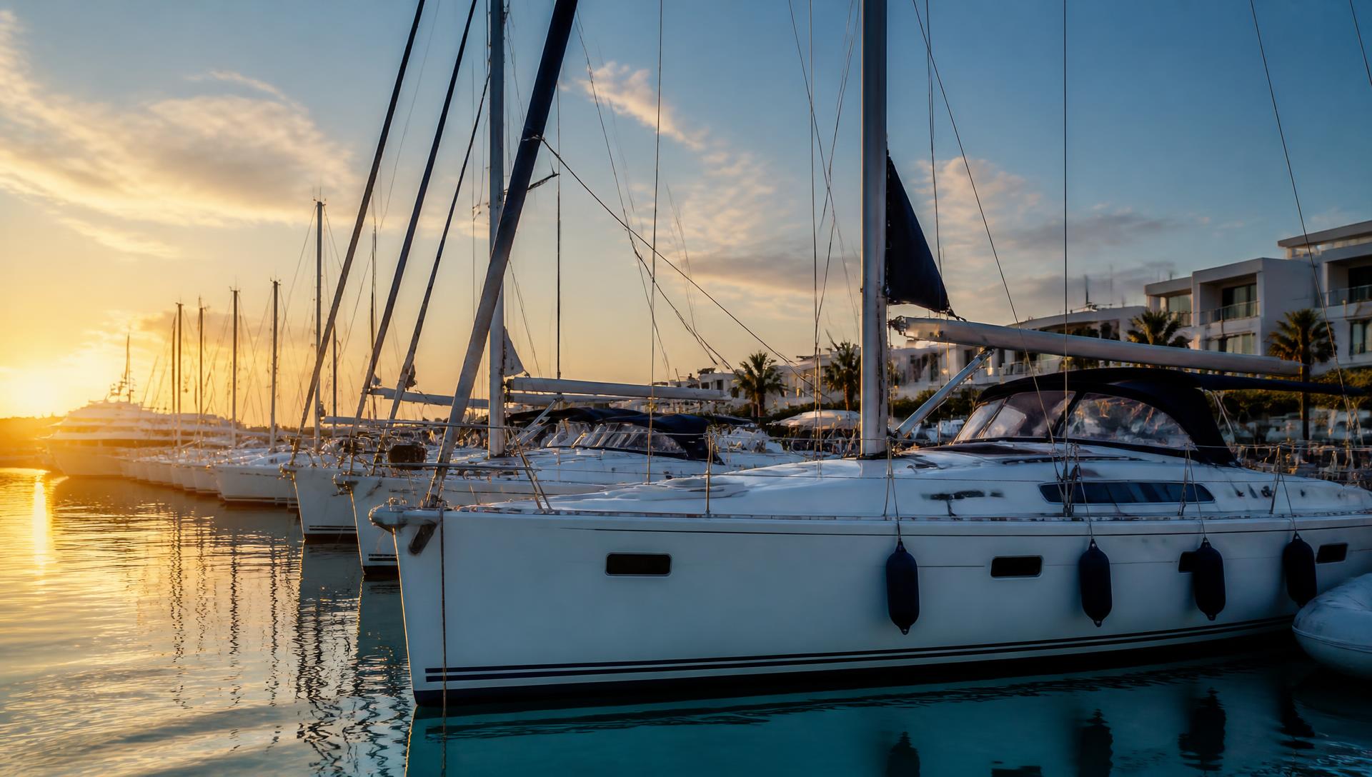 Yachts moored in a Cyprus marina at sunset